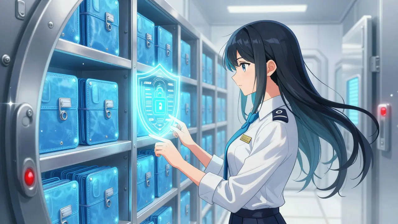 Manga compliance officer inspecting secure cold storage wallets