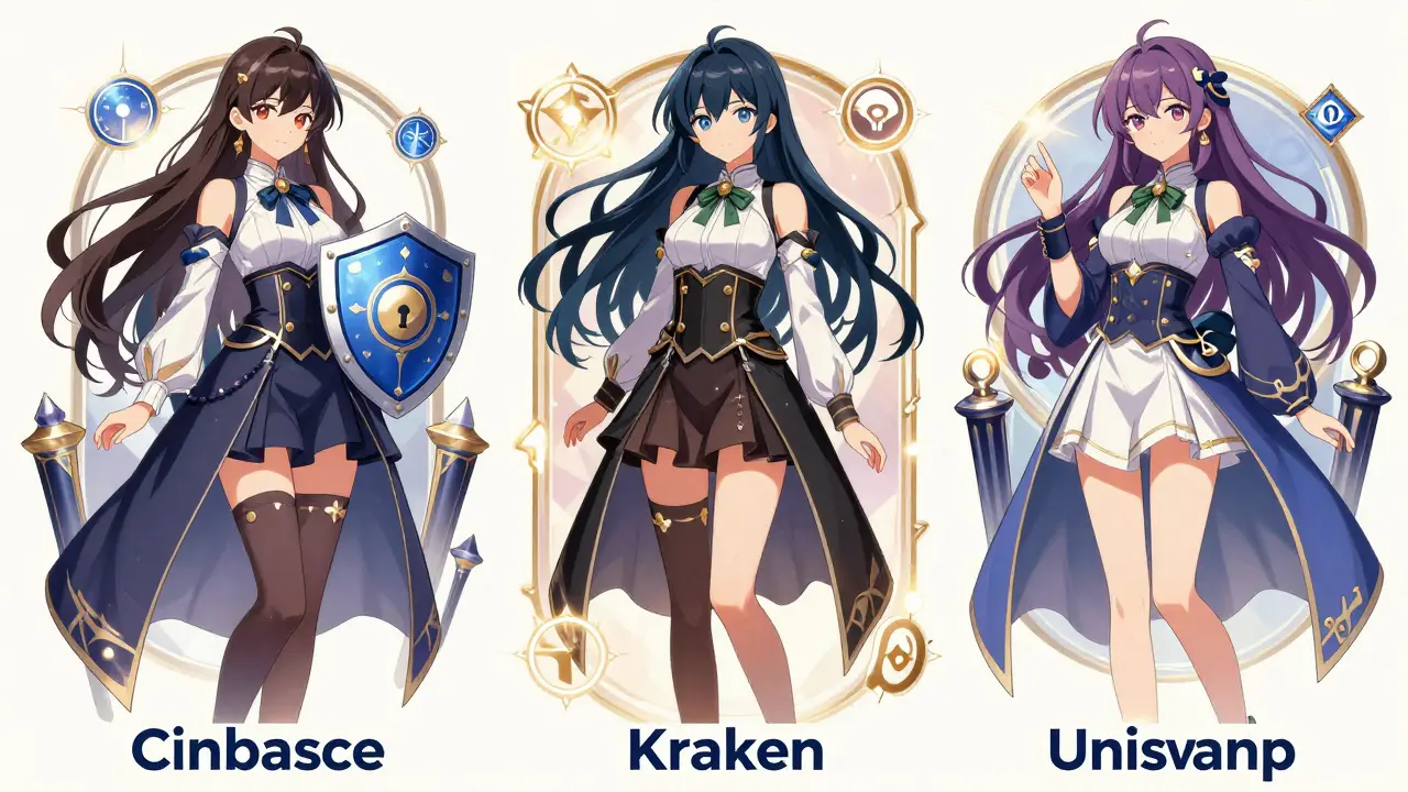Manga heroines representing safe exchanges Coinbase Kraken Uniswap