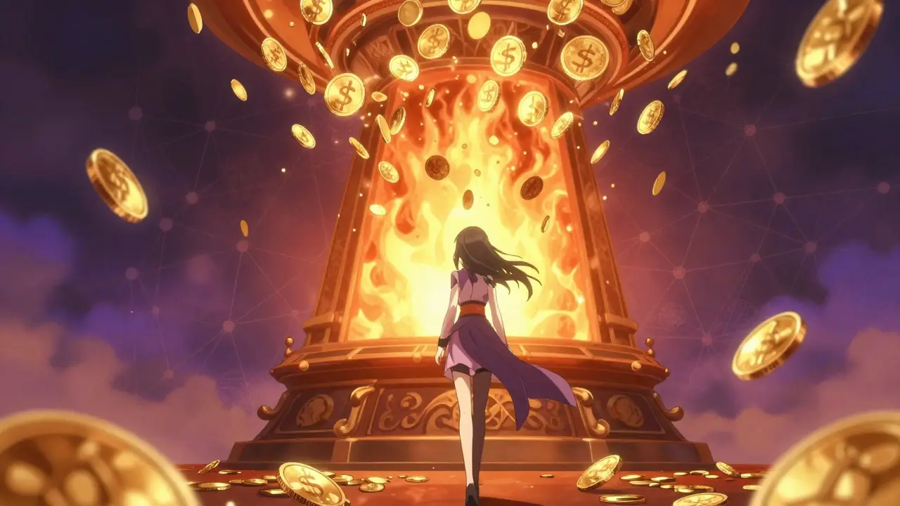 Manga illustration of coins dissolving into light, symbolizing token burn