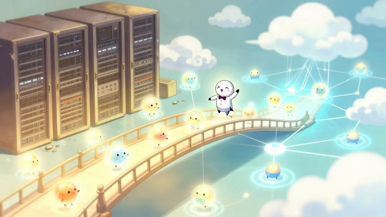 Manga style illustration of data flowing from legacy servers to cloud via magical bridge