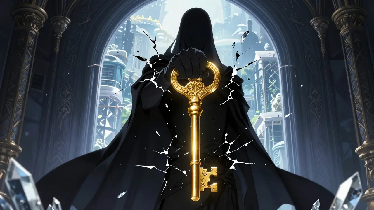 Shadowy figure holding a key cracking a crystal crypto vault