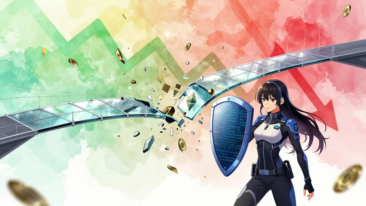 Shattered crypto bridge and a defender protecting assets in anime style.