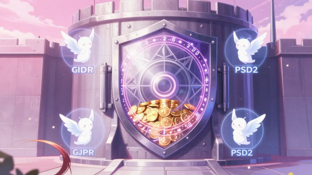 Shoujo art of a glowing security shield protecting digital assets with guardian spirits