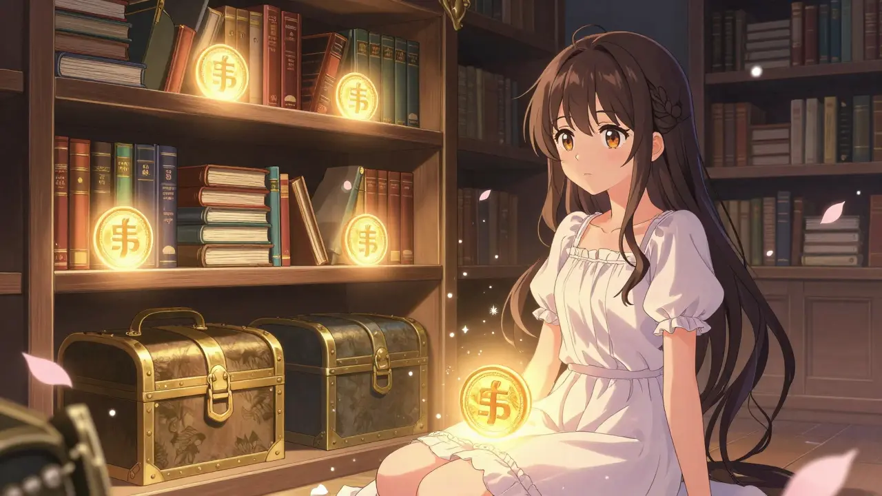 Shoujo style character in a magical vault with glowing staking rewards