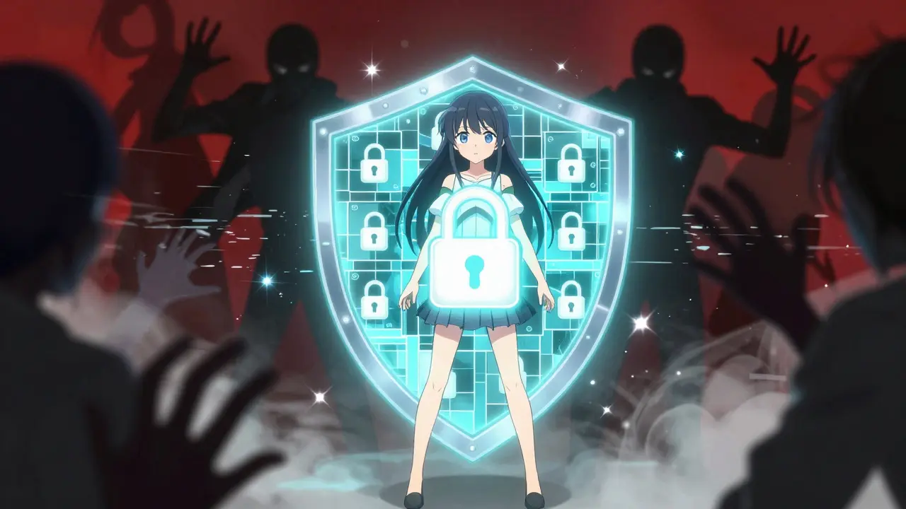 Shoujo style character protecting digital assets from shadowy scam threats
