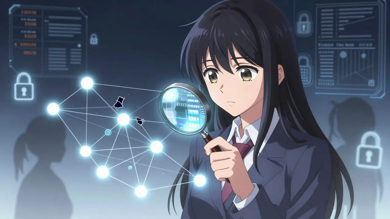 Shoujo style girl examining a complex web of blockchain connections