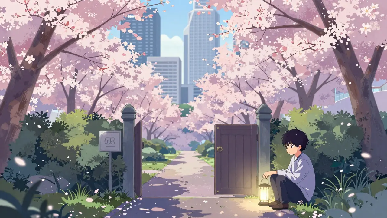 Shoujo style girl on a quiet path near a modest digital gate