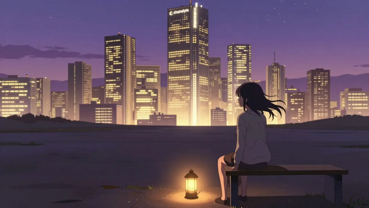 Solitary figure watching distant competitor towers with small UFI lantern