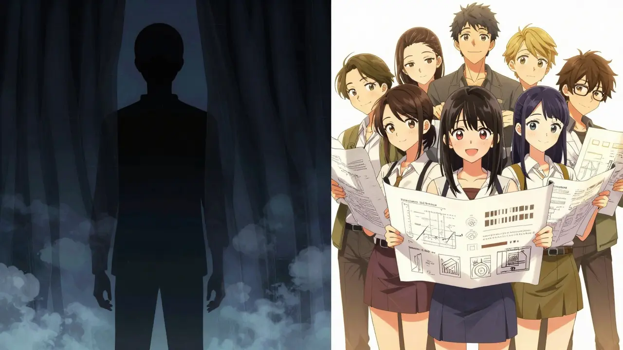 Split manga art contrasting anonymous shadows with transparent, trustworthy project teams.