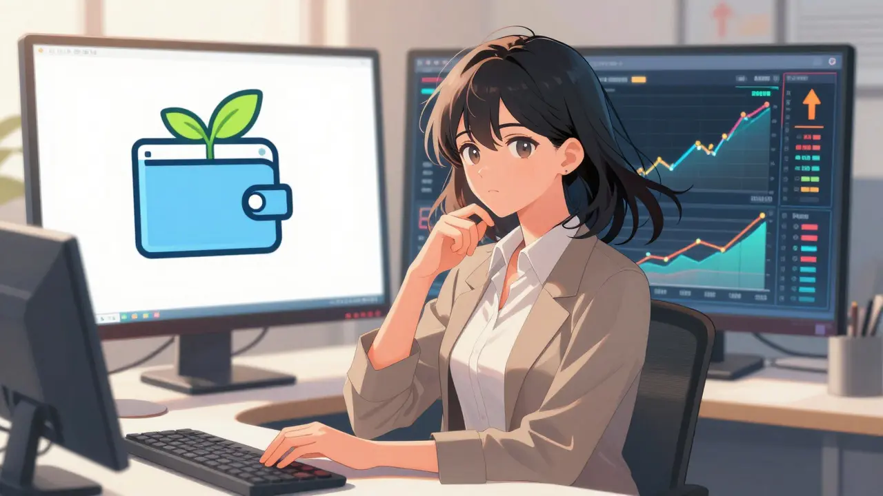 Stylish anime trader balancing long-term and short-term strategies.