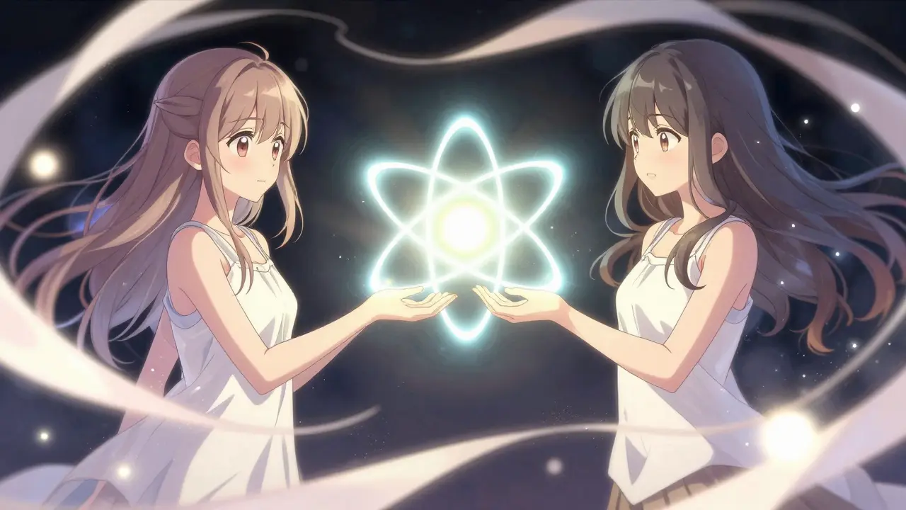 Two anime characters exchanging light orbs for a swap
