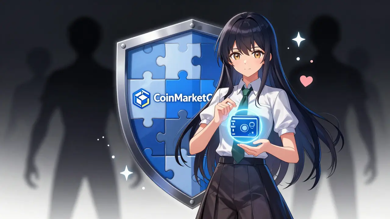 Anime girl protected by a trust shield against crypto scams and phishing.