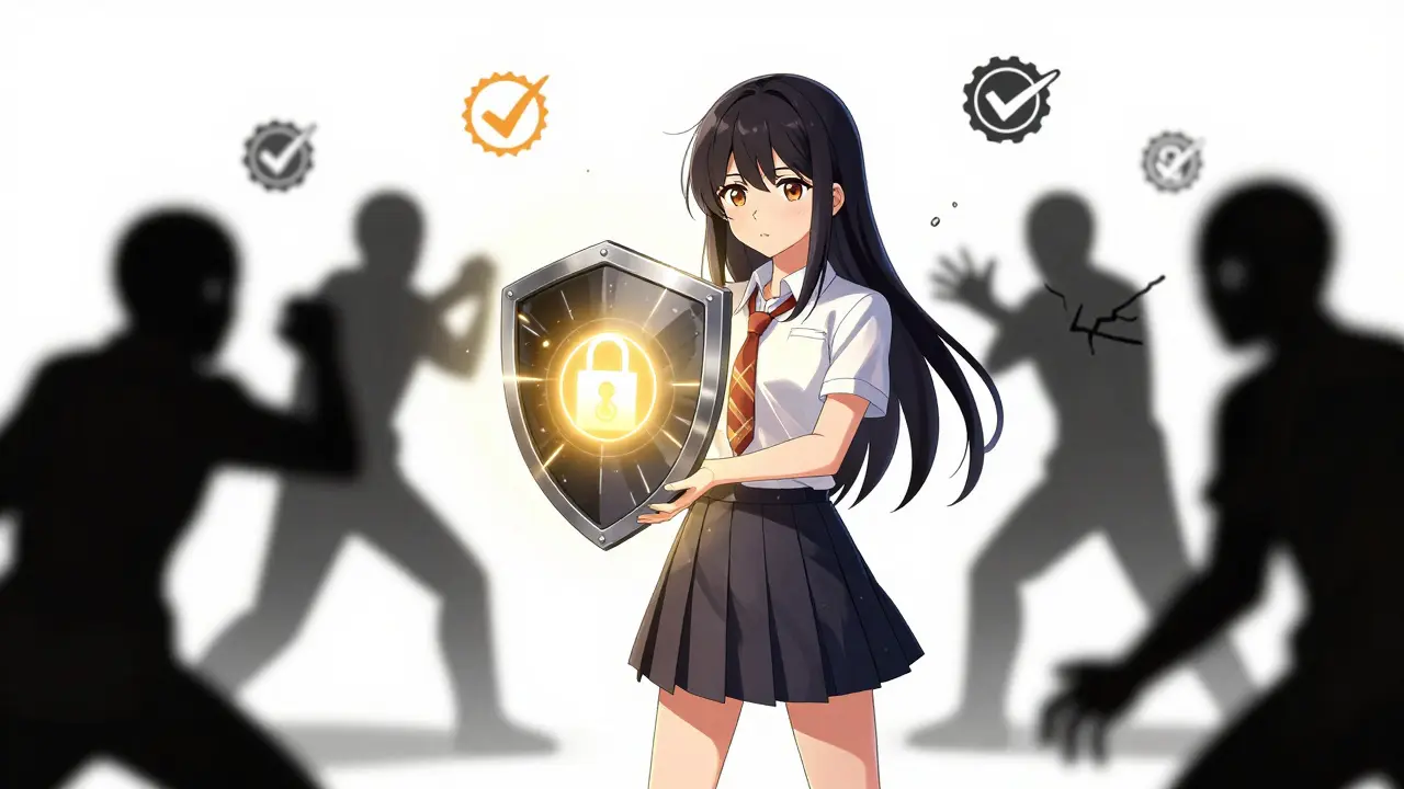 Anime girl protecting crypto wallet from scam shadows