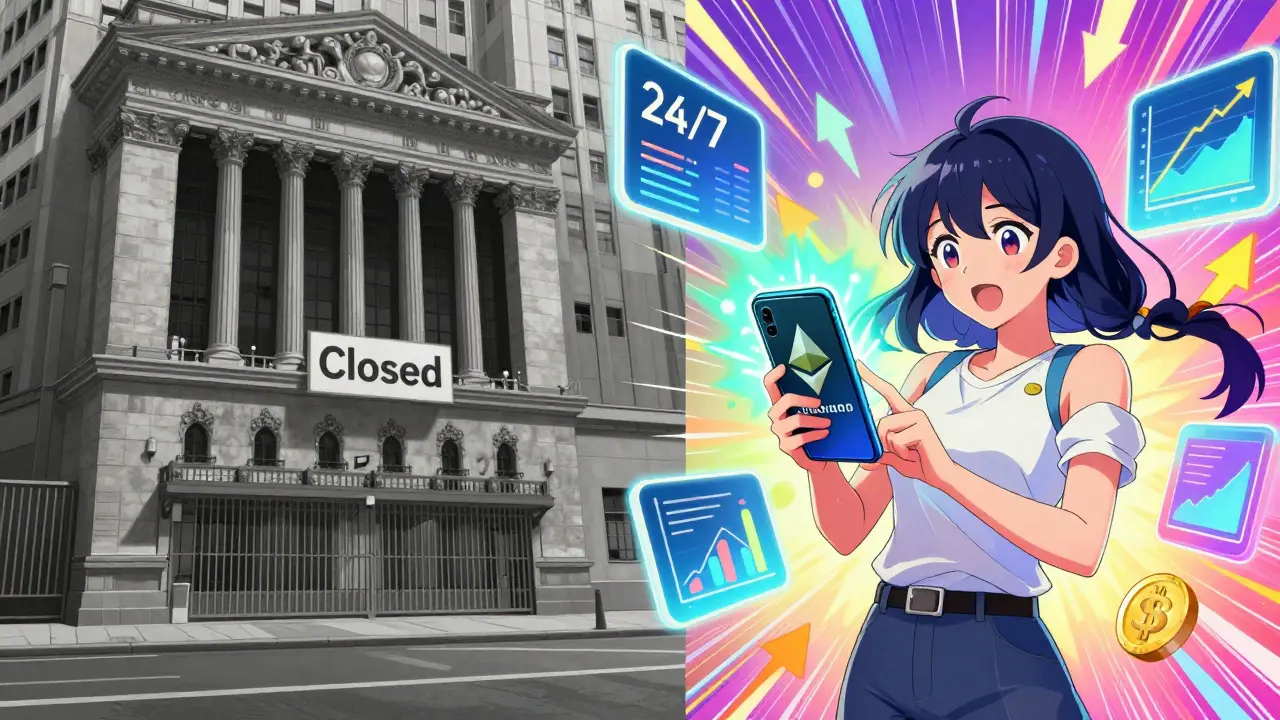 Anime girl trading crypto vs closed stock market in shoujo style