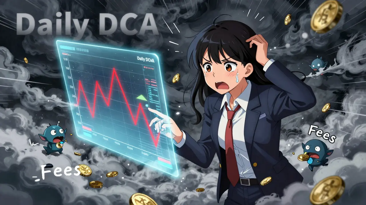Anxious anime girl overwhelmed by daily trading fees and market volatility storms.