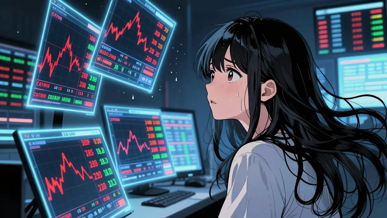 Anxious girl looking at confusing crypto charts