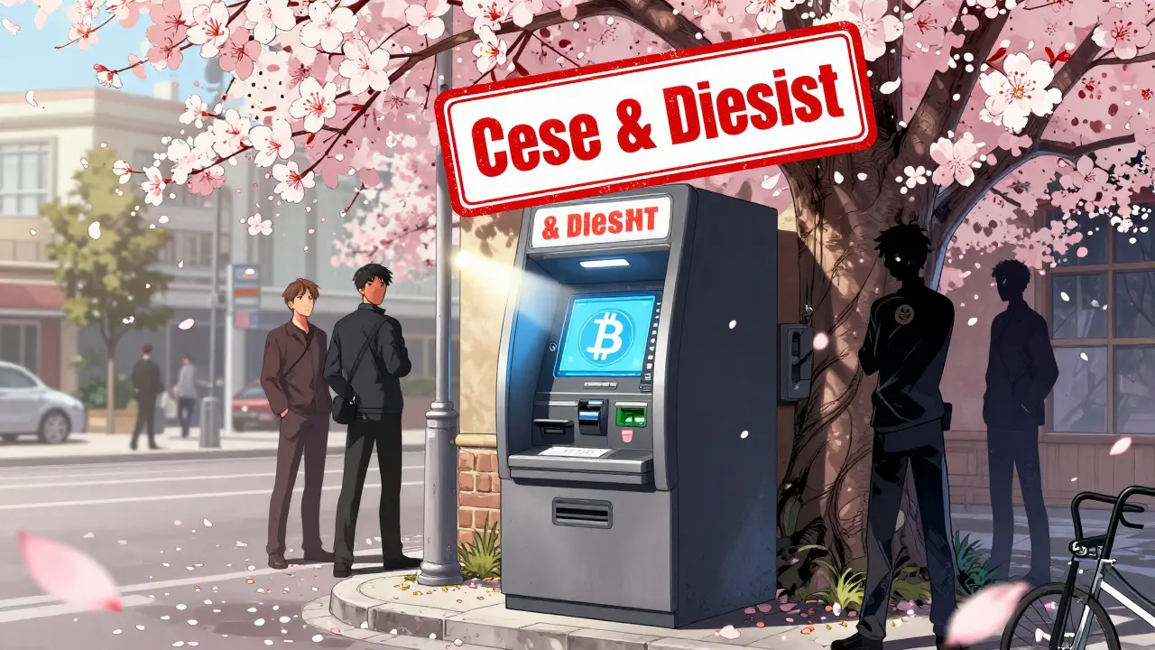 Bitcoin ATM with cease and desist warning in shoujo manga style