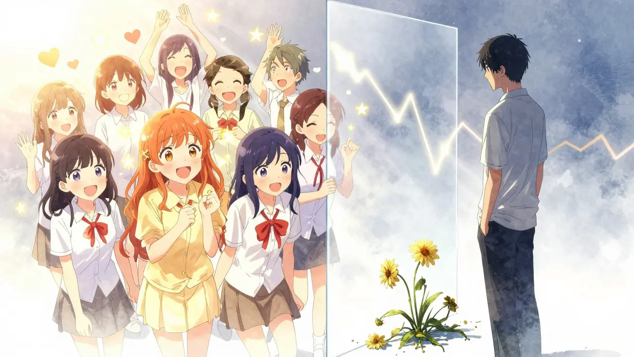 Contrast of happy anime fans and lonely figure facing market decline