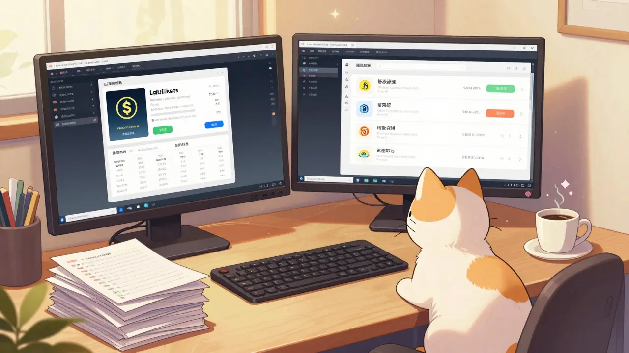 Cozy anime office scene with crypto charts and organized tax records