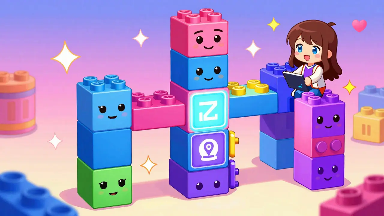 Cute anime character stacking colorful DeFi protocol blocks