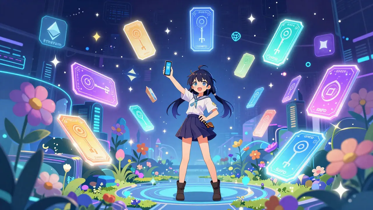 Cute character holding glowing NFT keys in digital garden