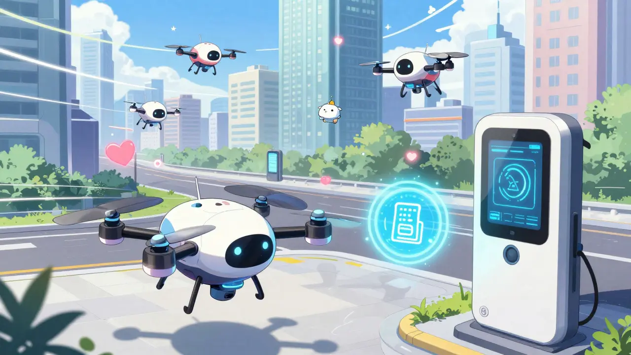 Cute drones exchanging digital tokens in futuristic shoujo manga city