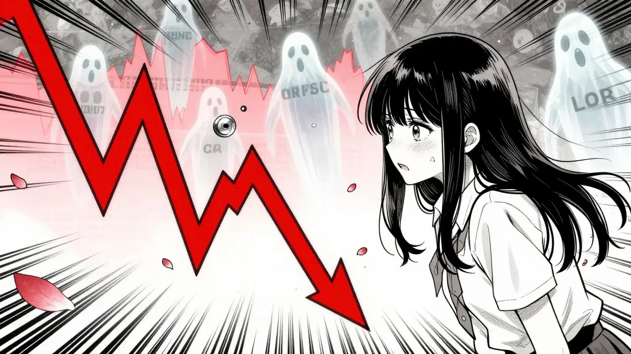 Distressed character watching a crashing red stock chart in manga art