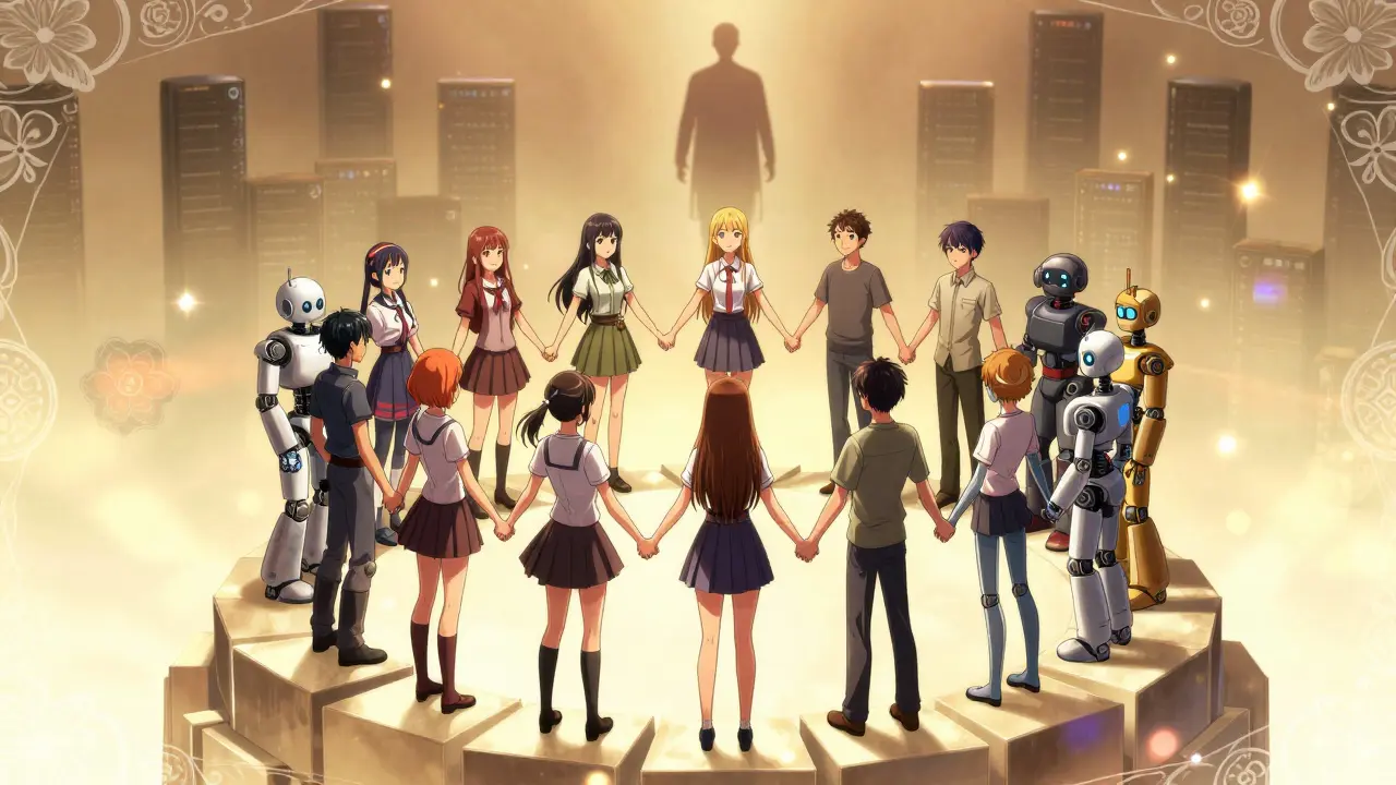 Diverse group forming circle of trust on data blocks in anime style