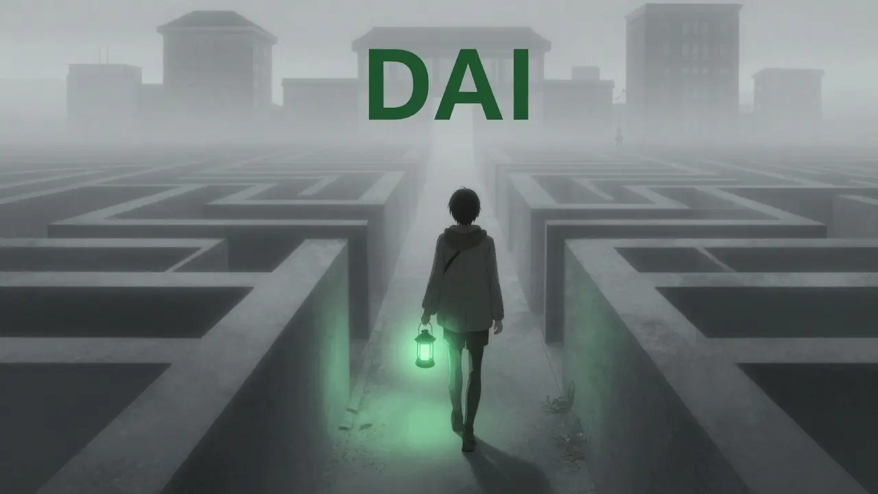 Figure navigating bureaucratic maze with green light