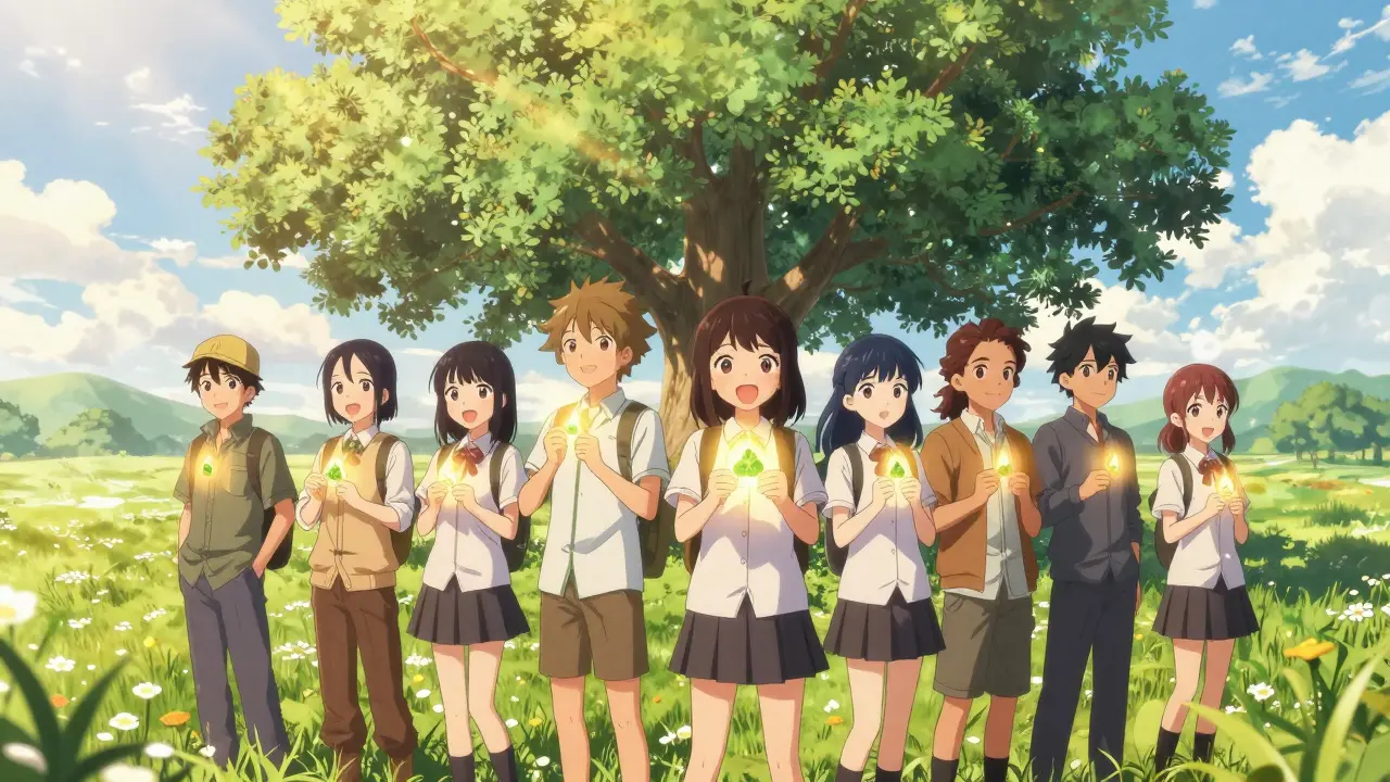 Group of anime characters celebrating in a green meadow