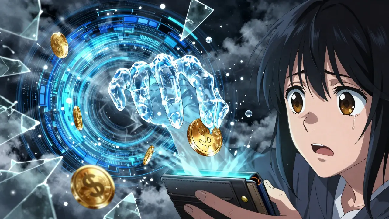 Icy hand freezing crypto assets in shoujo style
