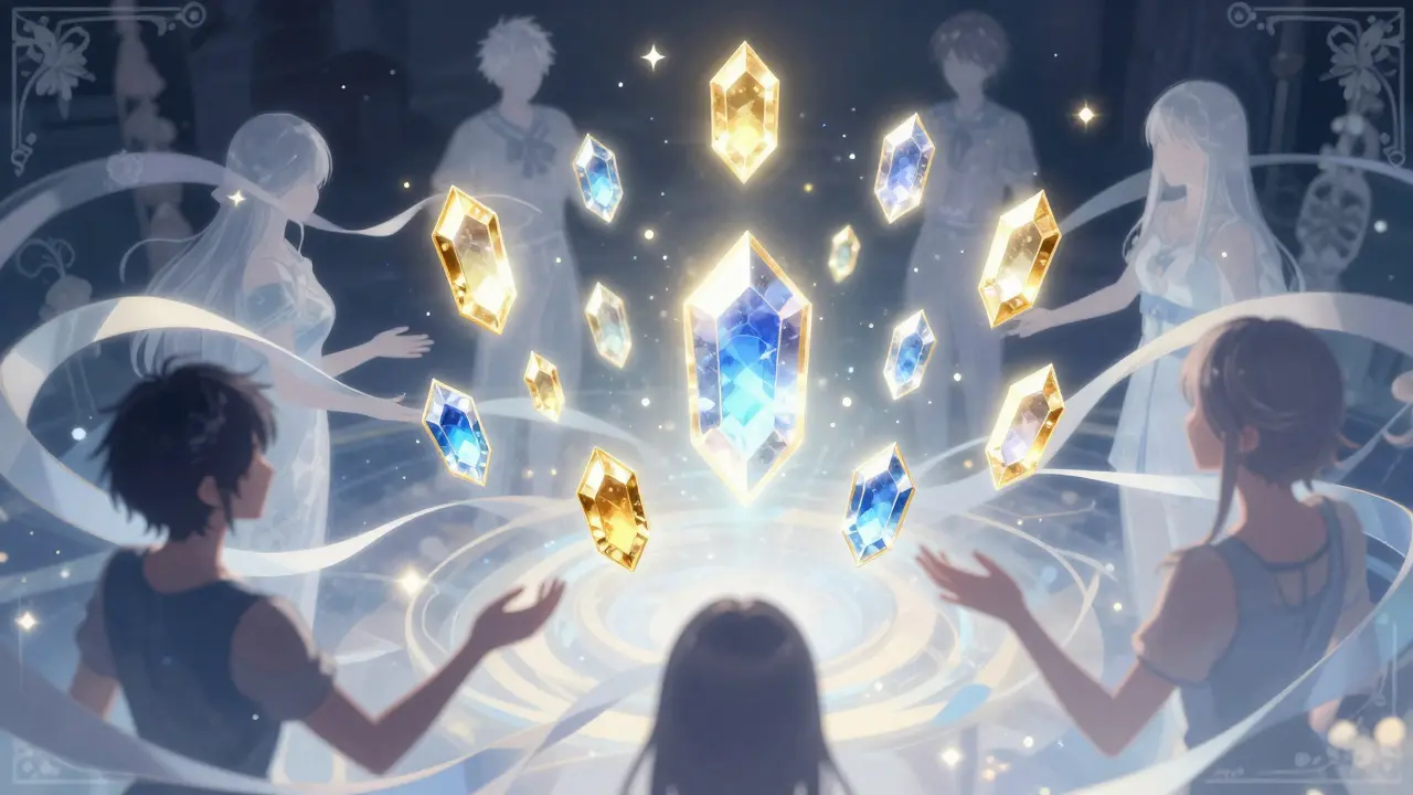 Magical floating NFTs being claimed by users in a dreamy shoujo scene.
