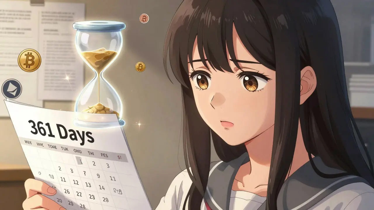 Manga character holding calendar near hourglass symbolizing 1-year rule