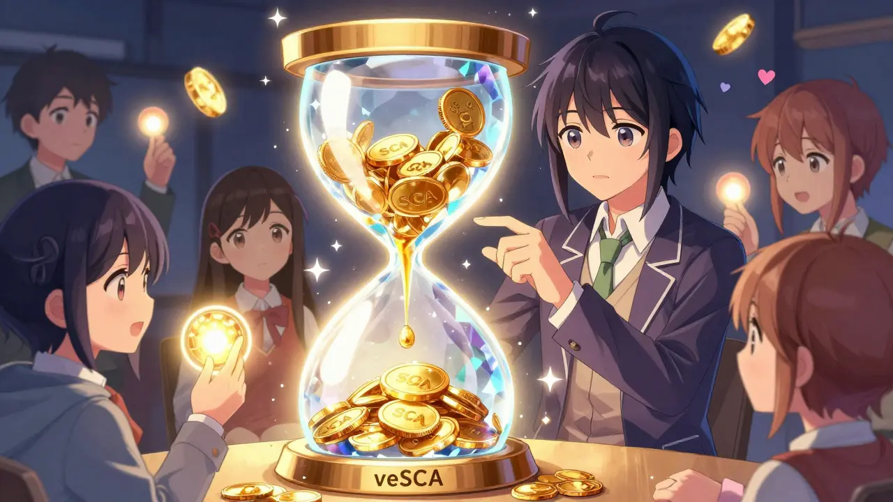 Manga character locking tokens in a crystal hourglass for rewards