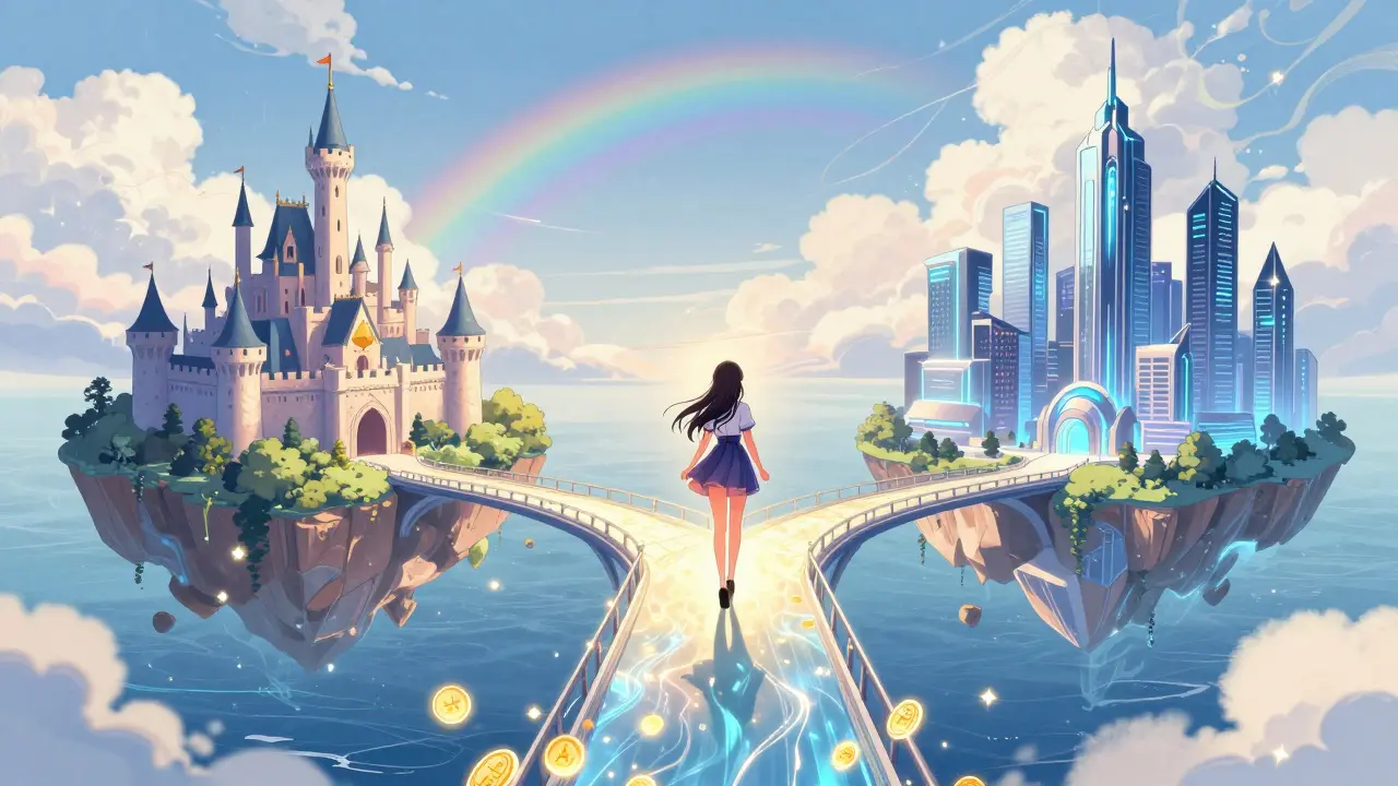 Manga figure on a light bridge connecting crypto islands