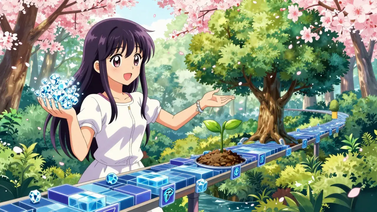 Manga girl converting diamonds to trees on a blockchain bridge