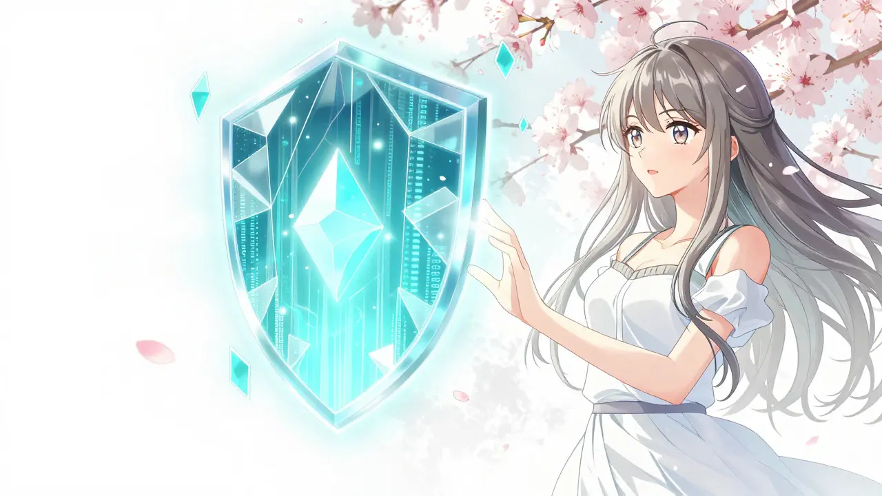 Manga girl protecting data with blockchain shield