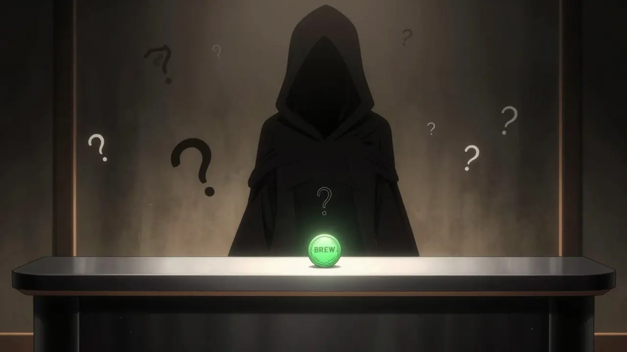 Mysterious hooded figure with glowing BREW token in shadow