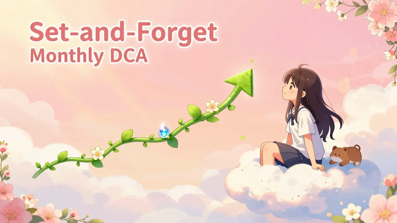Peaceful anime girl enjoying slow, steady crypto growth with monthly investments.