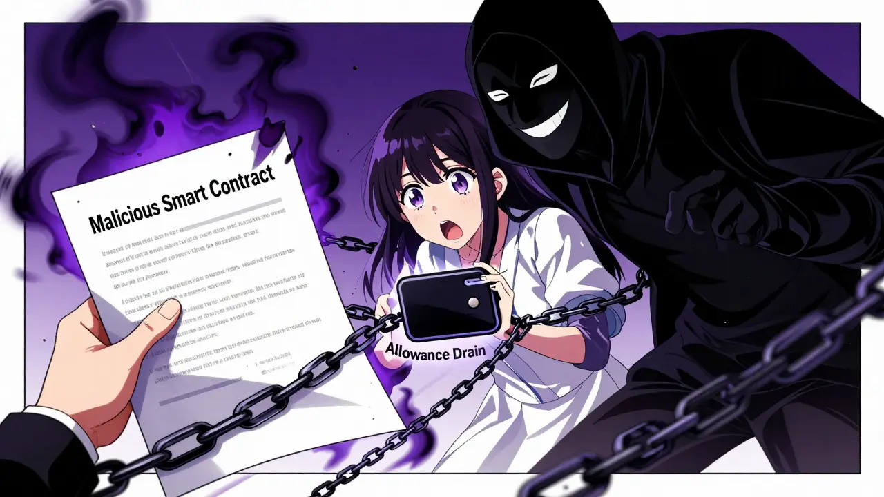 Scammer figure draining funds via malicious contract in anime style