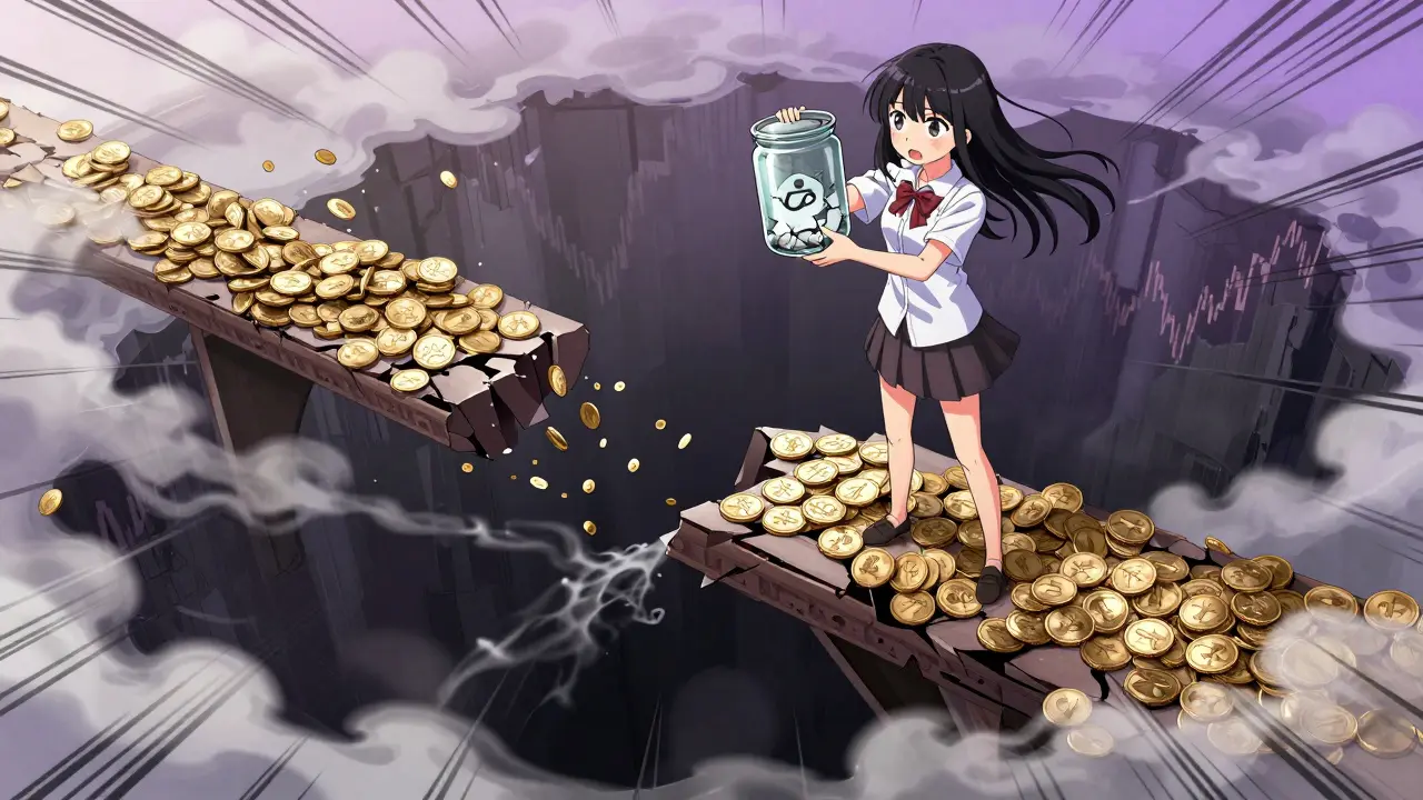 Shoujo manga girl on crumbling coin bridge holding cracking token jar