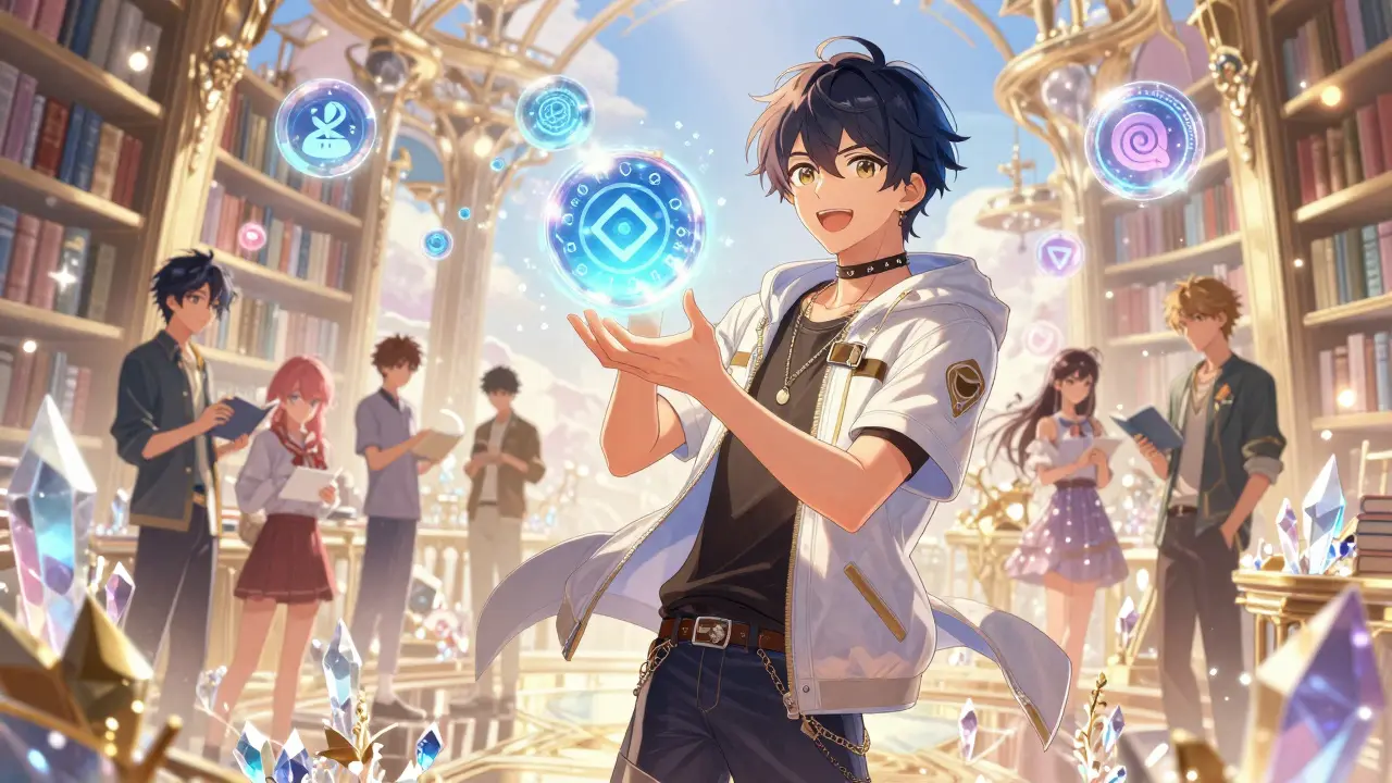 Shoujo style protagonist engaging with holographic governance tokens