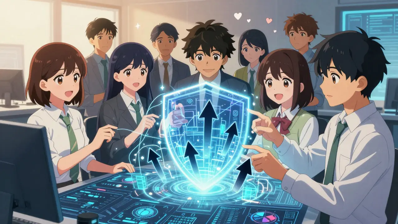 Team building a digital compliance shield in anime style