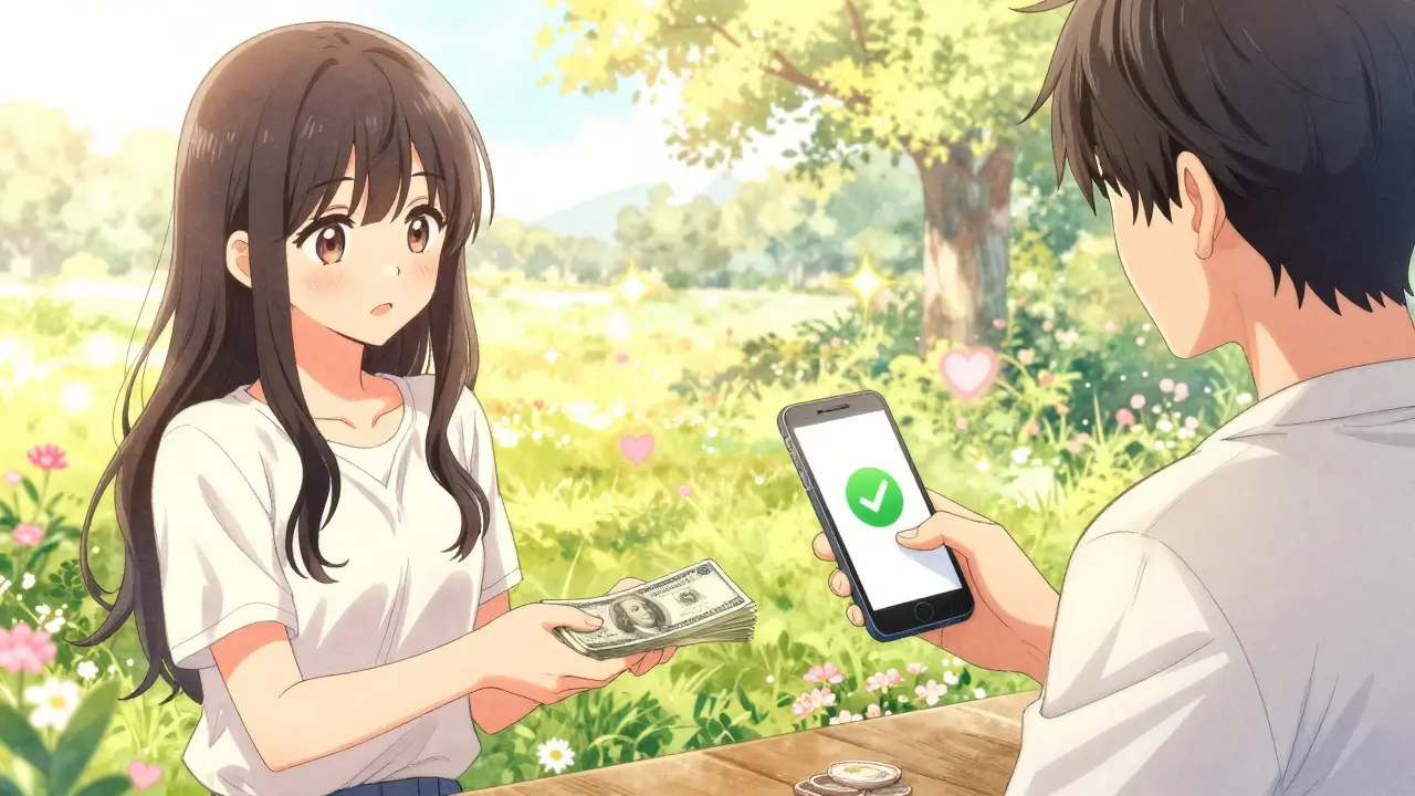 Two manga characters exchanging cash and phone in sunny park