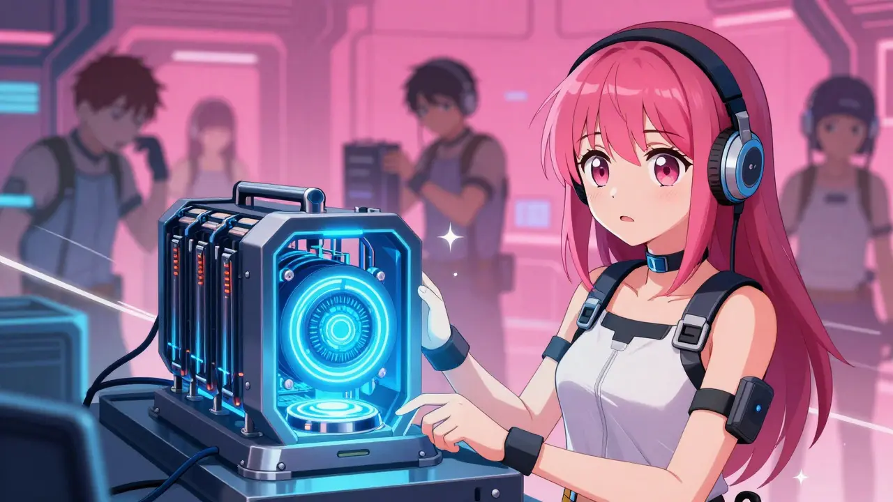 An anime girl standing by a glowing mining rig while others fade in the background