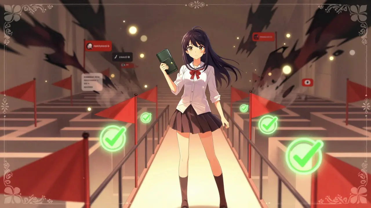 Anime character safely claiming tokens avoiding scam shadows