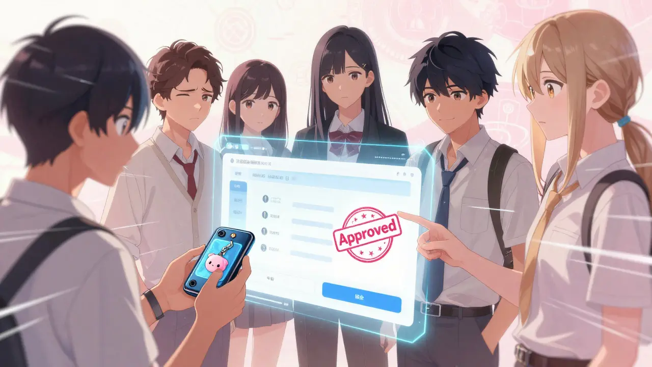 Anime characters reviewing transaction approvals with hardware wallets.