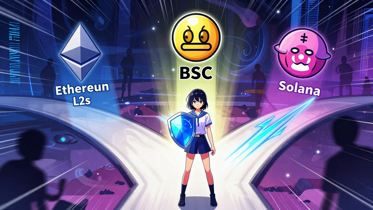 Anime girl choosing path among three crypto project options