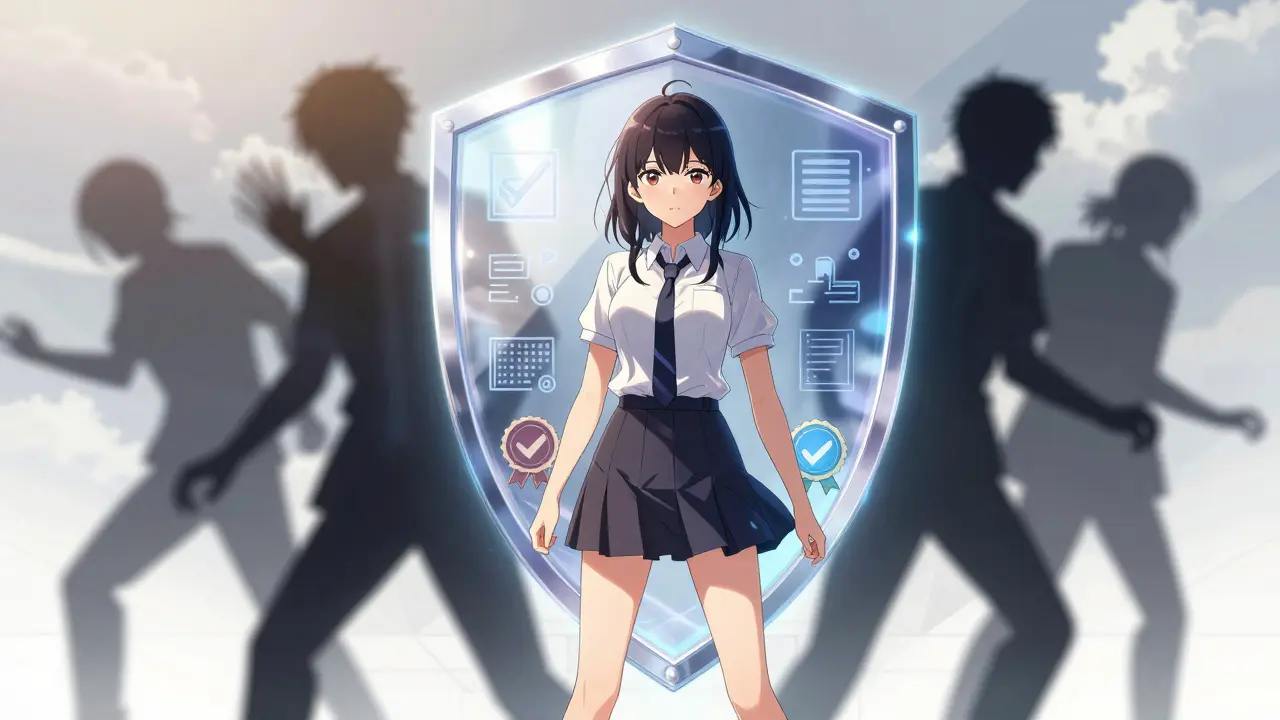 Anime girl protected by a security shield against shadowy scam figures.