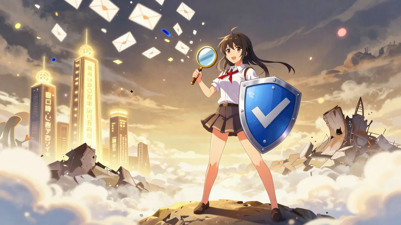 Confident anime heroine protecting herself from crypto scams with a shield of verification.